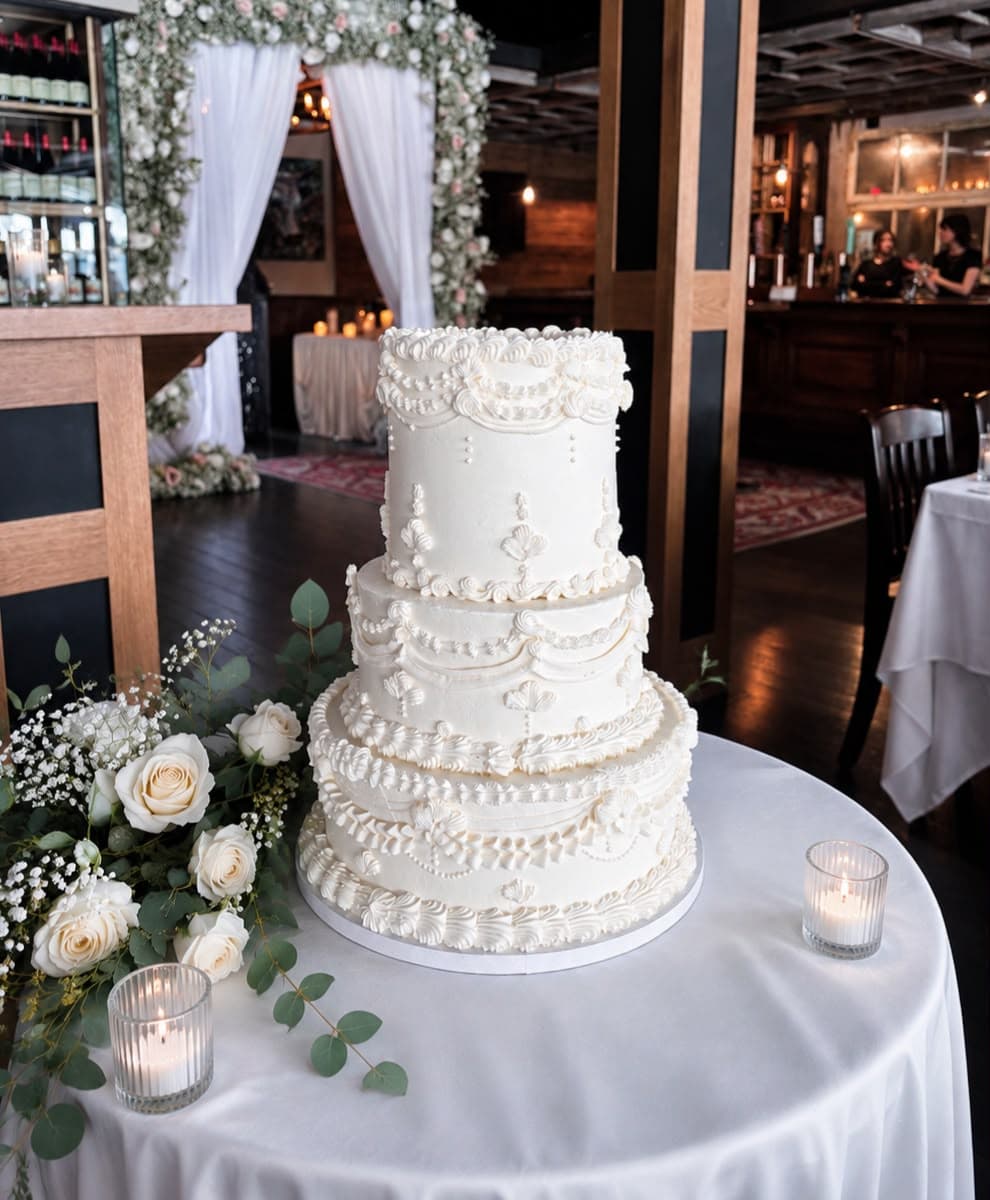 Three-tier white wedding cake with vintage piped buttercream details