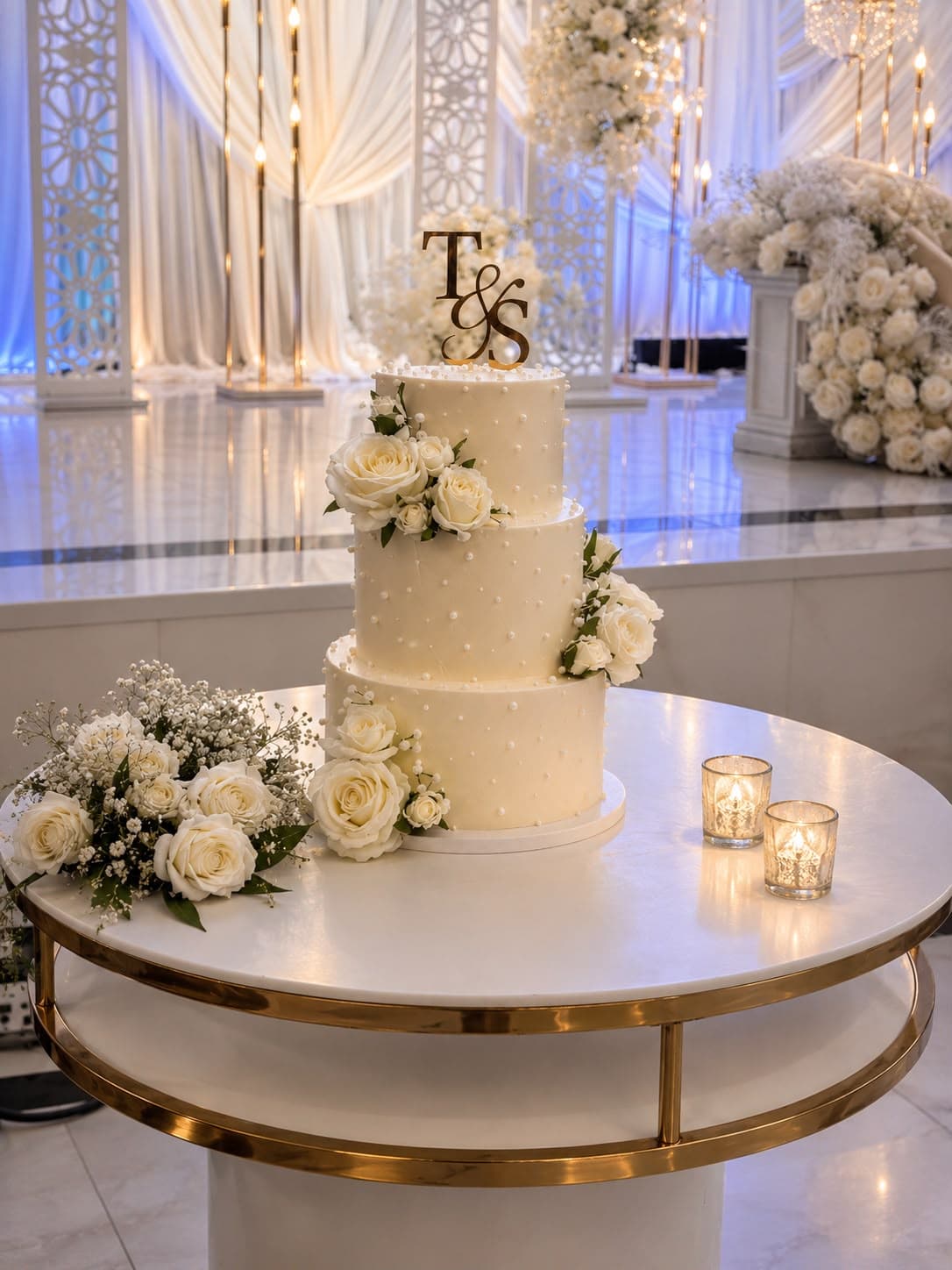 Three-tier pearl wedding cake decorated with white roses