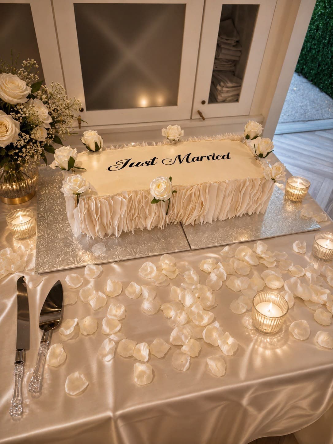 Just Married sheet cake decorated with white roses and ruffled buttercream