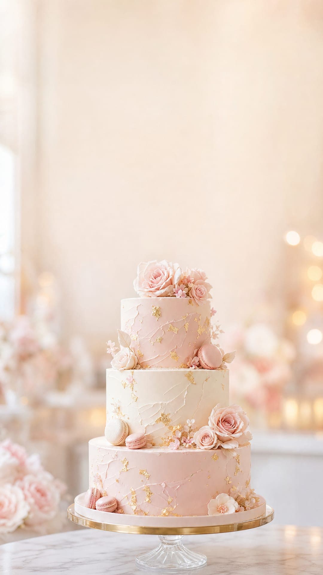 Three-tier blush and ivory celebration cake with sugar roses and gold leaf on a marble counter